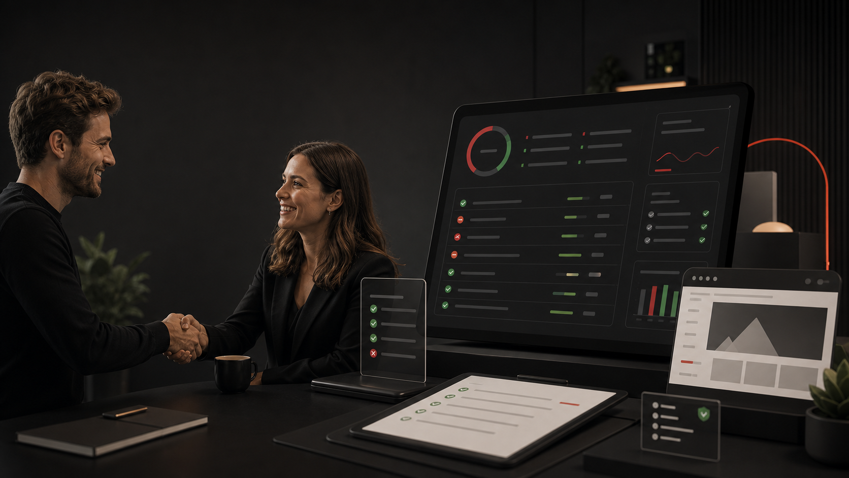 Launch-readiness review desk with a report dashboard.